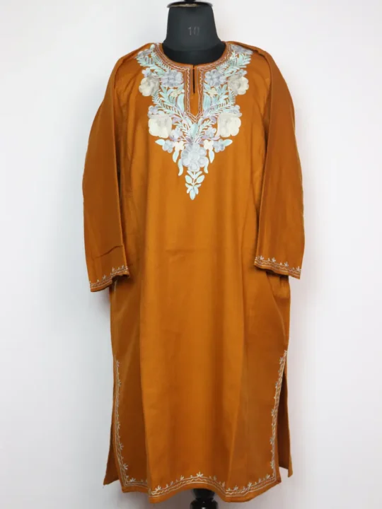 Mustard Woolen Pheran Jashn-e-Rekhta in Cashmilon with Aari Embroidery