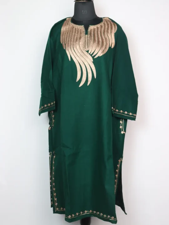 Embroidered Dark Green Pheran with Zari in Cashmilon Laila