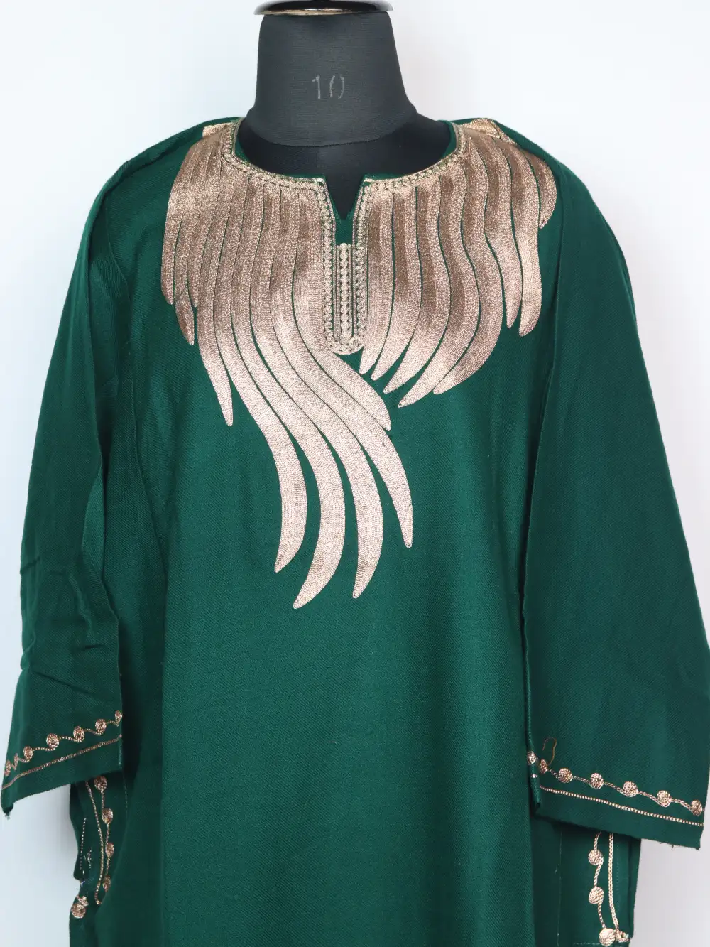 Embroidered Dark Green Pheran with Zari in Cashmilon Laila - Image 2