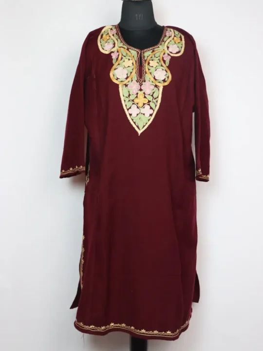 Wine Pheran in Cashmilon Wool with Aari Work Jashn-e-Rekhta