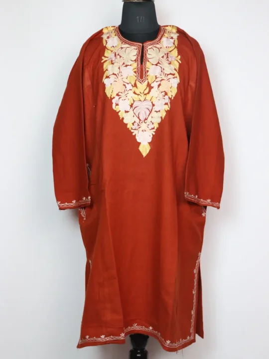 Woolen Rustic Orange Pheran Jashn-e-Rekhta with Aari Work in Cashmilon