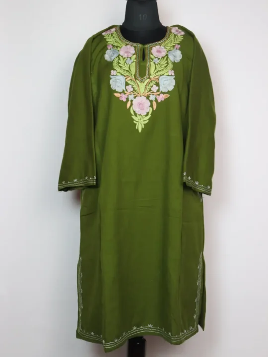 Woolen Olive Green Pheran Jashn-e-Rekhta in Cashmilon with Aari Work