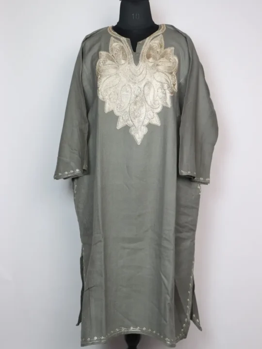 Woolen Grey Pheran with Zari Embroidery in Cashmilon Inaya