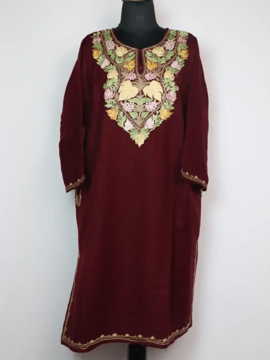 Wine Jashn-e-Rekhta Pheran with Aari Embroidery in Cashmilon Wool