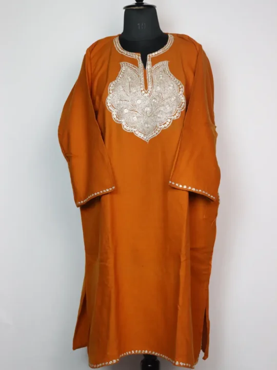 Maya Rust Woolen Pheran with Zari Embroidery in Cashmilon