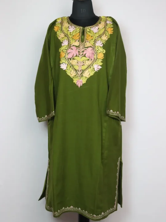 Jashn-e-Rekhta Olive Green Pheran in Cashmilon Wool with Aari Embroidery