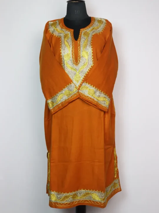Rust Orange Pheran with Zari Embroidery in Cashmilon Wool Noor