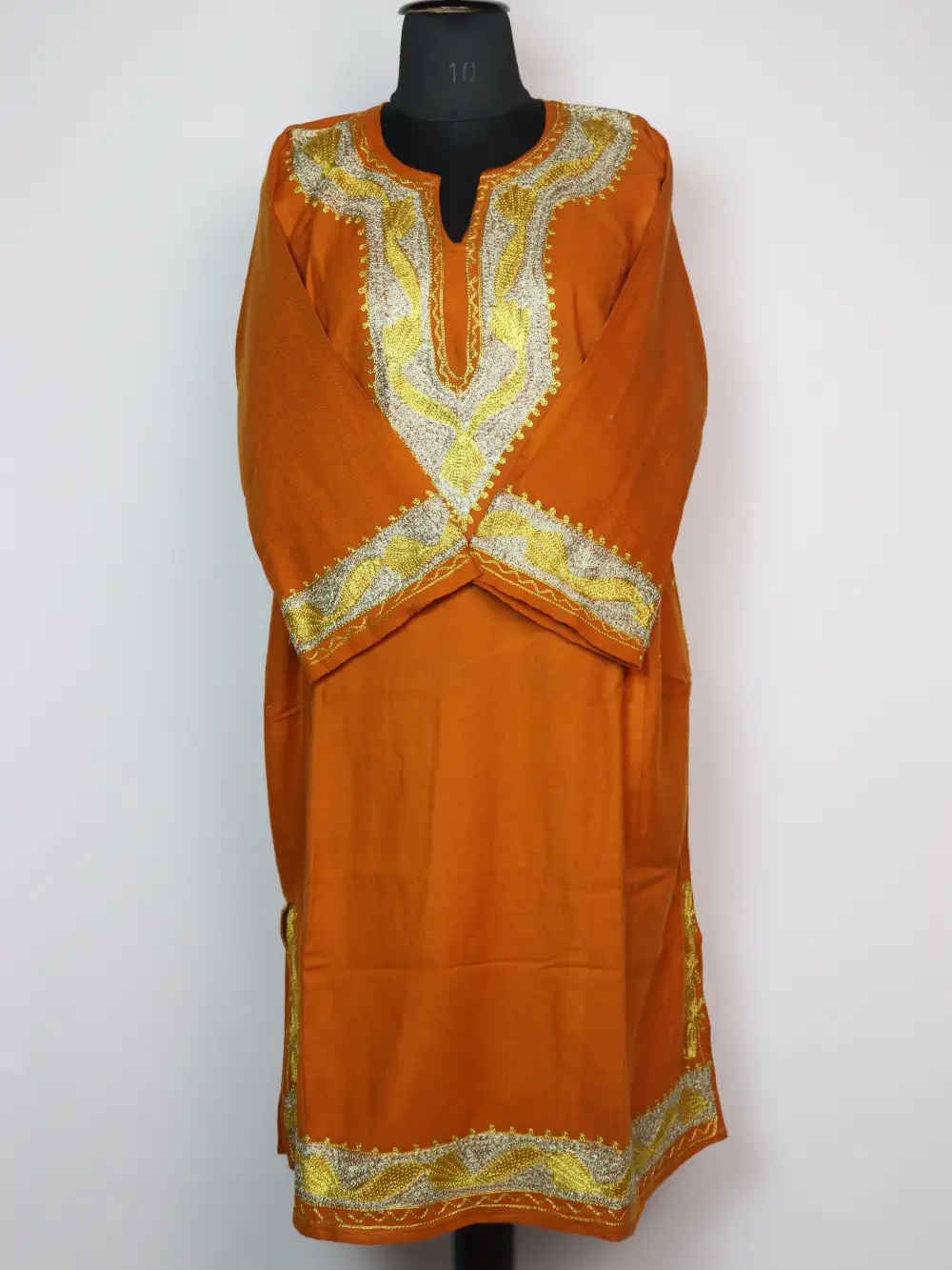 Rust Orange Pheran with Zari Embroidery in Cashmilon Wool Noor - Gyawun
