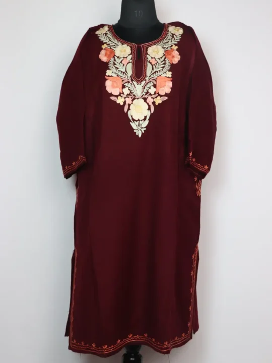 Wine Pheran in Cashmilon Wool with Aari Work Jashn-e-Rekhta