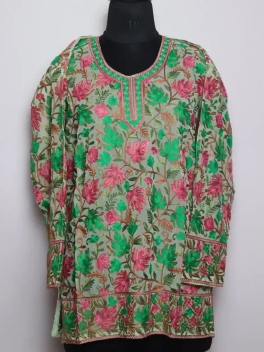 Georgette Green Short Kurti Zysha with Front Back Aari Embroidery