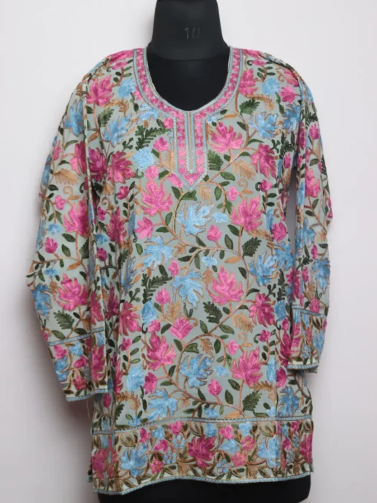 Georgette Pastel Green Short Kurti Maviya Embroidered with Front Back Aari