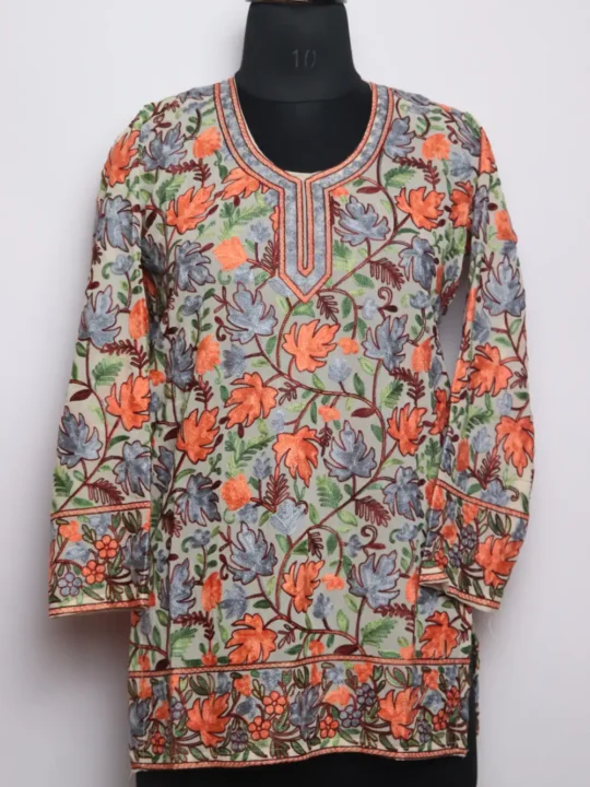 Sania Mint Green Georgette Short Kurti Embroidered with Front Back Aari