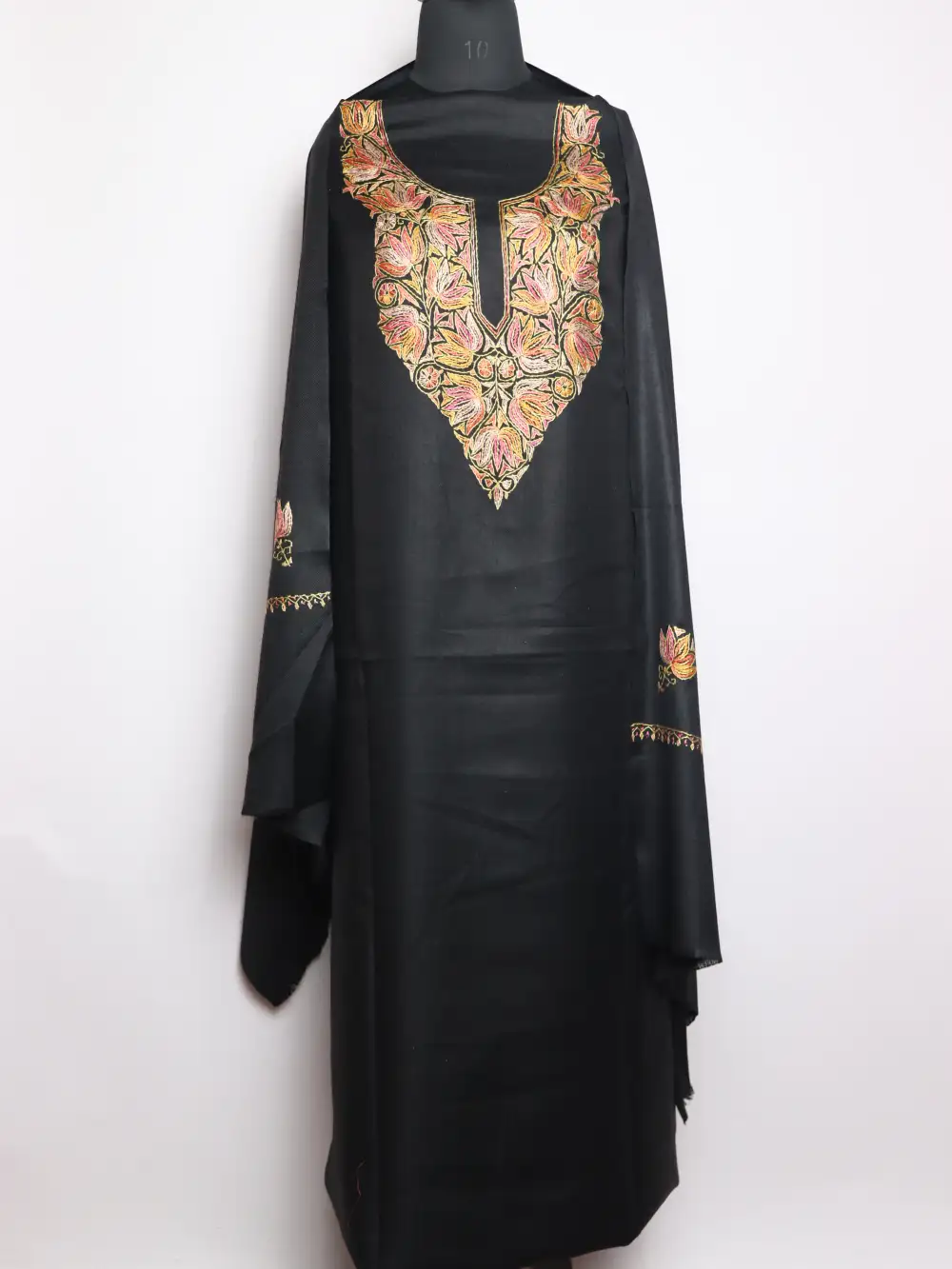 Black Polywool 3pc Unstitched Suit Fabric with Hand Sozni and Paper Machie Embroidery Nazara