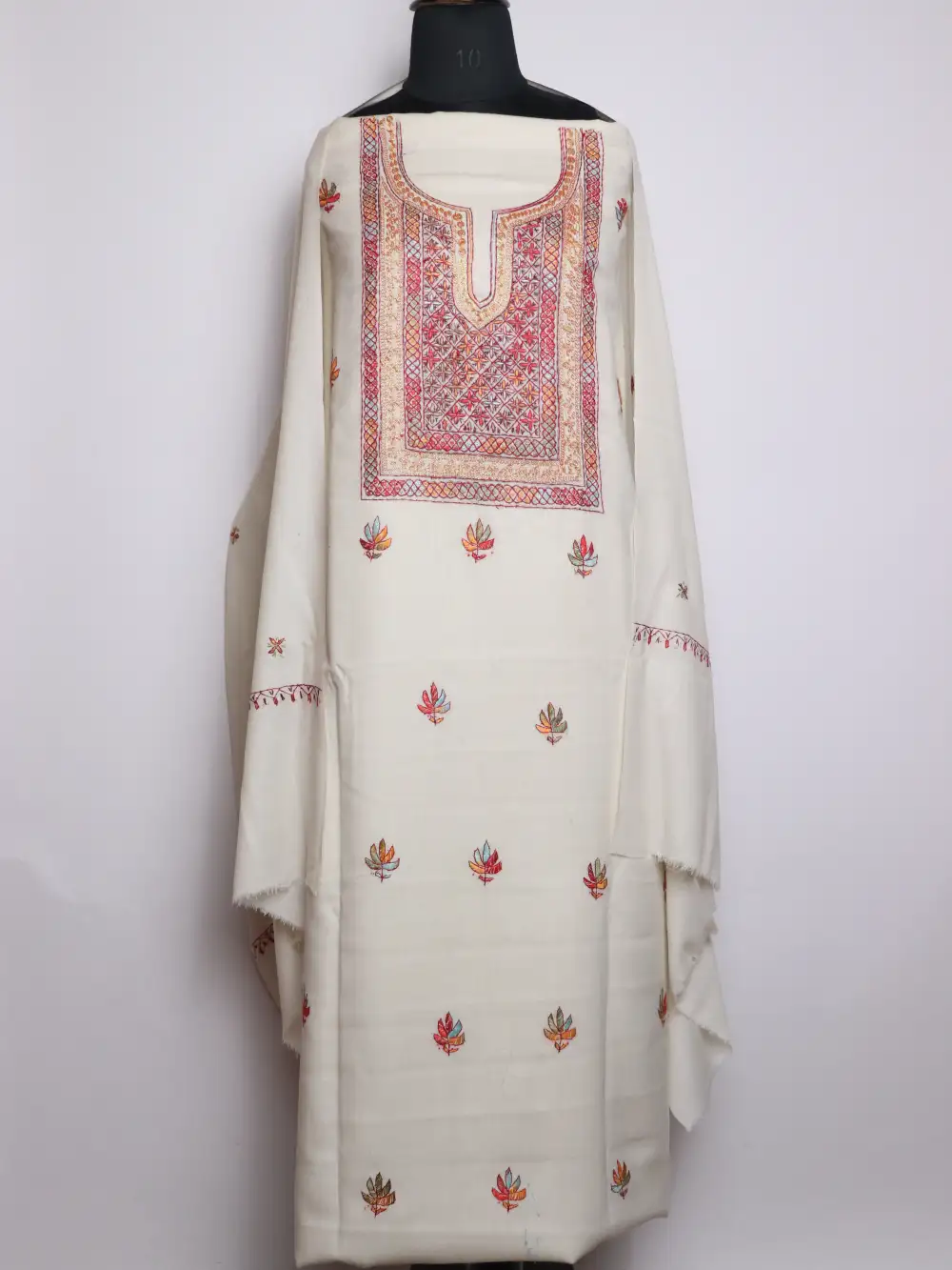 Kashish White Polywool 3pc Unstitched Kashmiri Suit with Hand Sozni and Tilla Embroidery