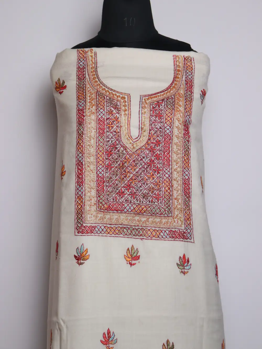 Kashish White Polywool 3pc Unstitched Kashmiri Suit with Hand Sozni and Tilla Embroidery - Image 2