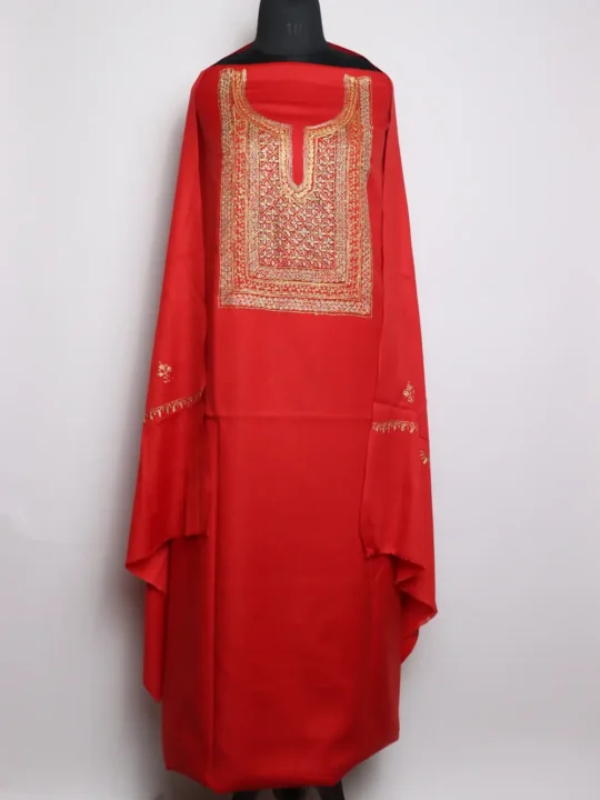 Polywool 3pc Riwayat Kashmiri Garam Red Suit with Hand Sozni and Tilla Embroidery