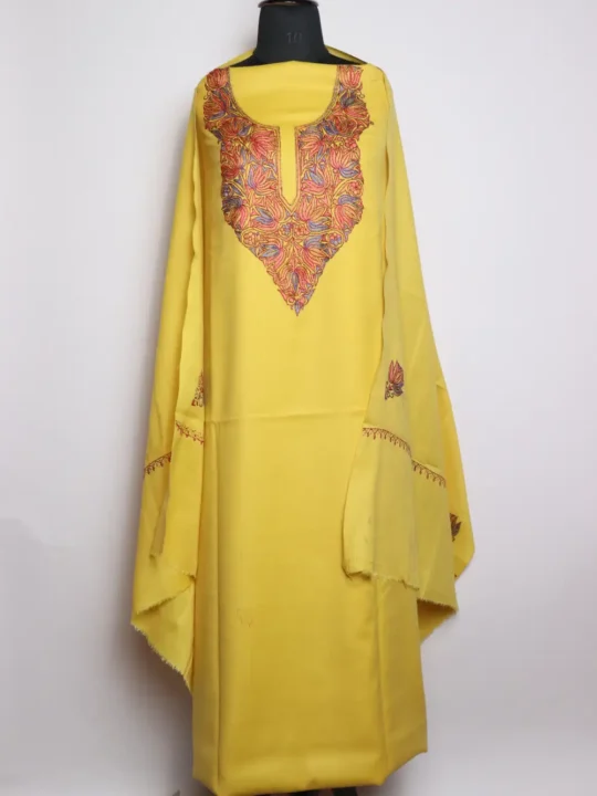 3pc Polywool Yellow Kashmiri Woolen Suit with Hand Sozni and Tilla Embroidery