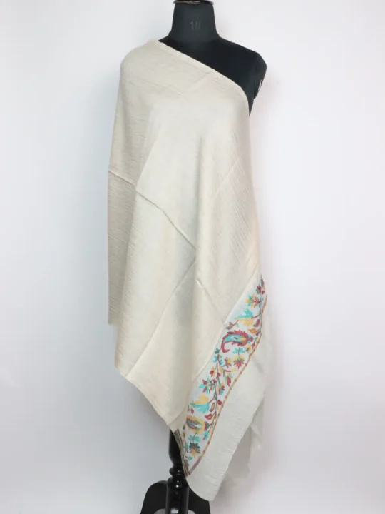 Haiqa White Fine Wool Stole in Kani Work Palla for Women