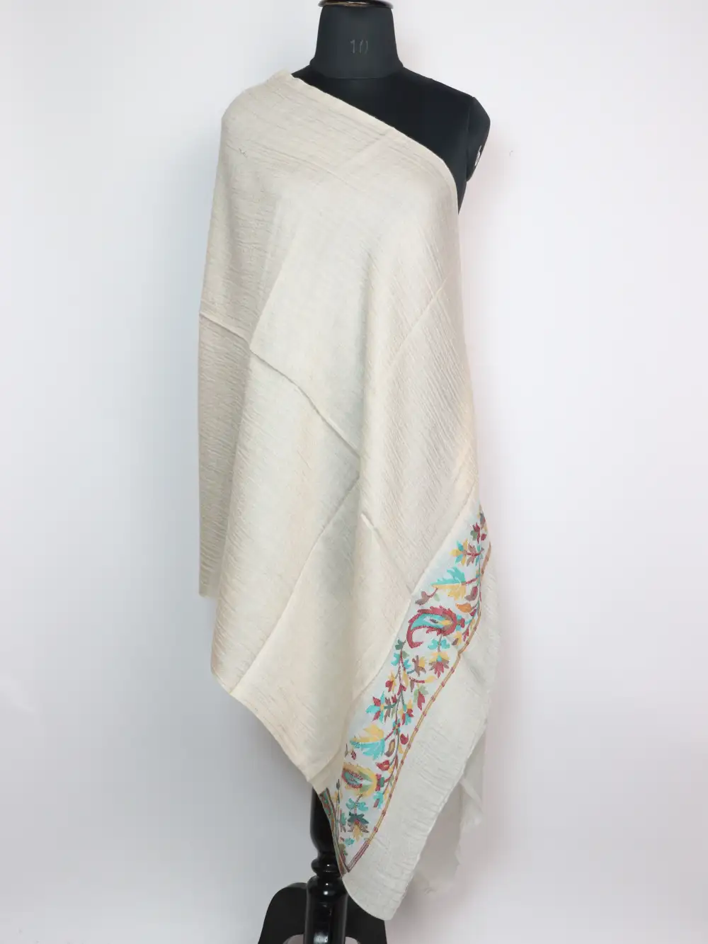 Haiqa White Fine Wool Stole in Kani Work Palla for Women