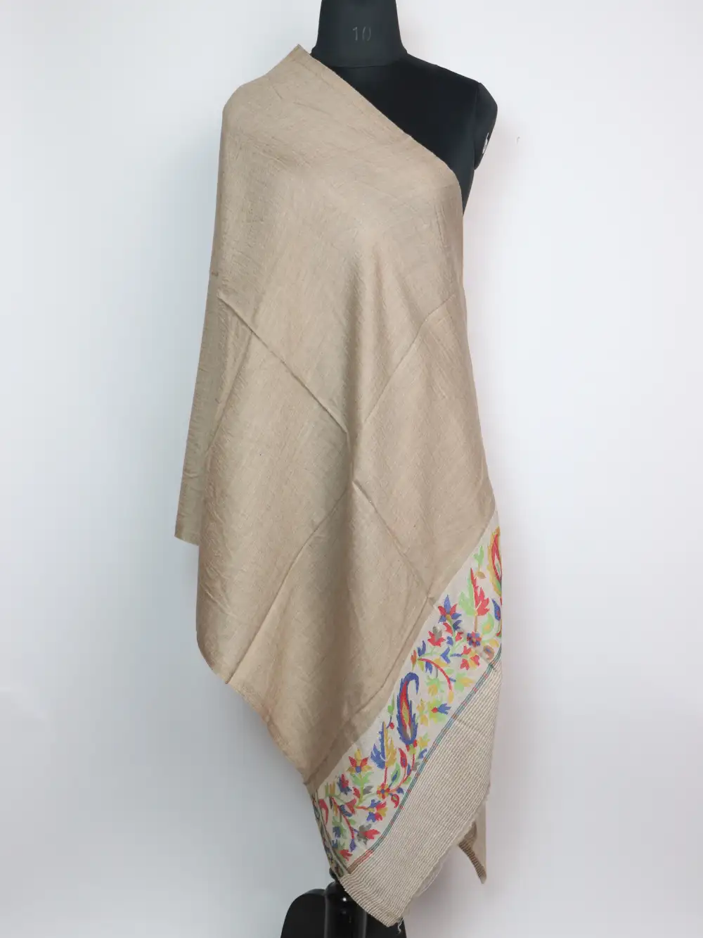 Beige Fine Wool Stole in Kani Work Palla for Women Saima