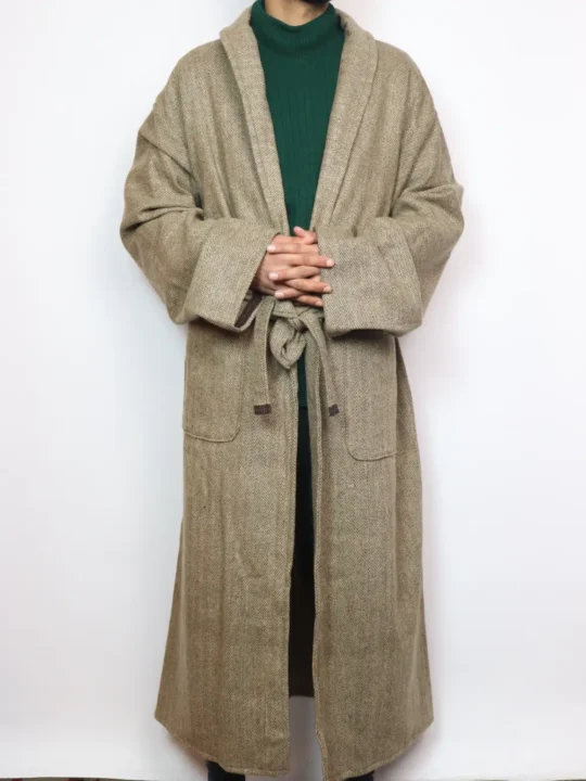 Light Brown Plain Men Tweed Kashmiri Gown | Bathrobe for Winter