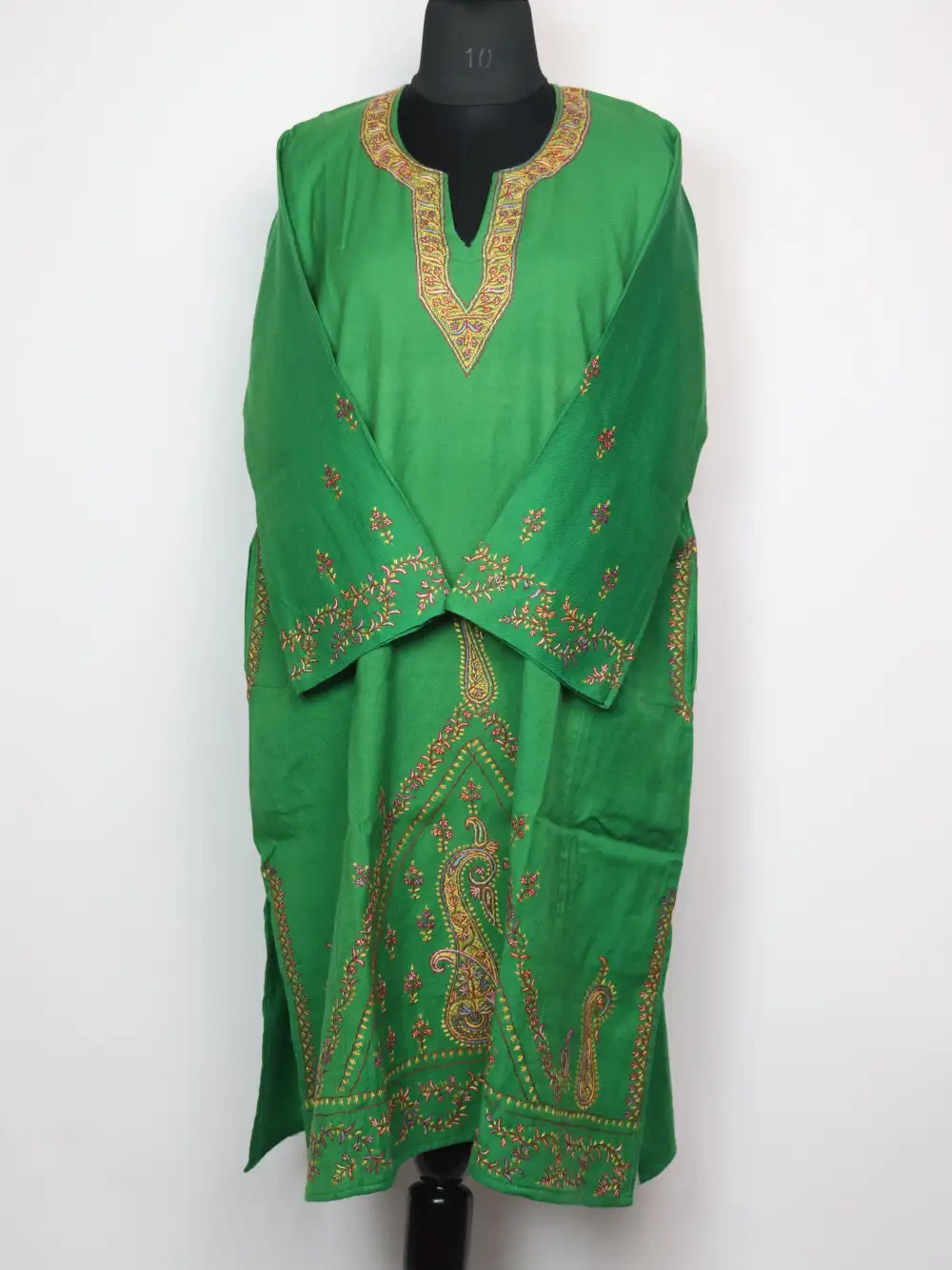 Woolen Green Pheran with Hand Sozni Embroidery in Raffal Safa