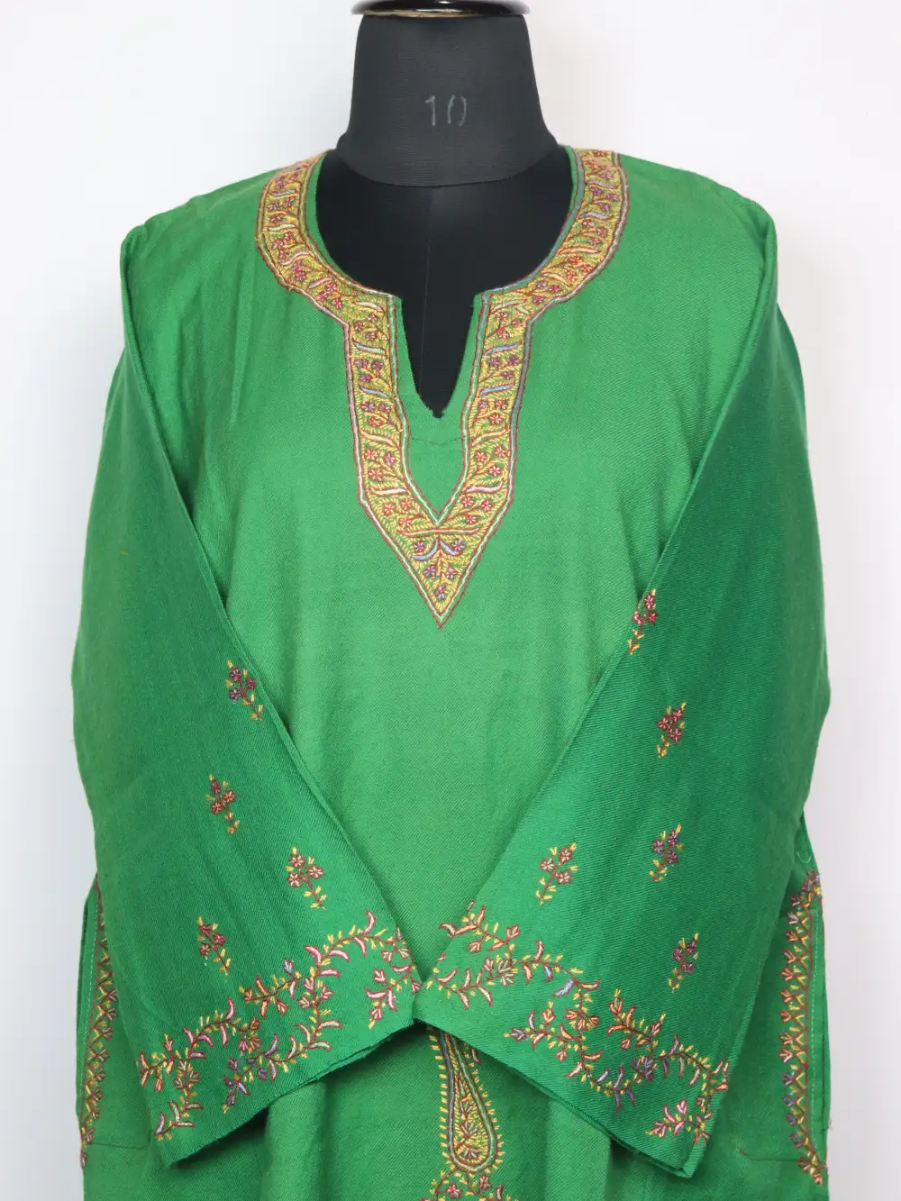 Woolen Green Pheran with Hand Sozni Embroidery in Raffal Safa - Image 2