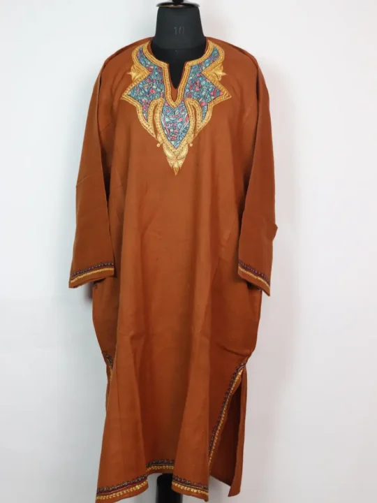 Loose Mahir Raffal Wool Chocolate Pheran with Sozni Work