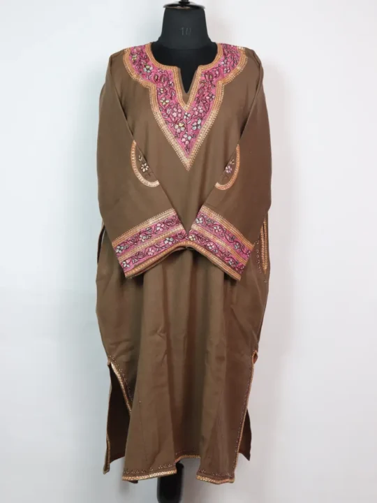 Tahirah Loose Raffal Wool Brown Pheran with Hand Sozni Tilla Work