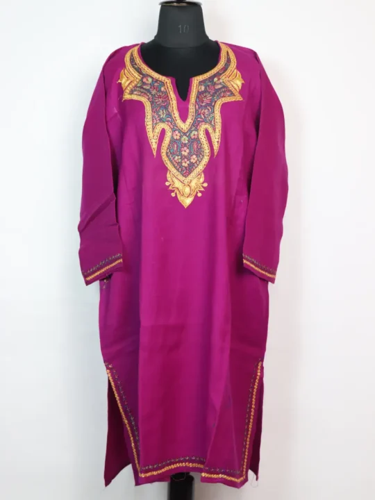 Violet Loose Raffal Wool Pheran with Anaya Hand Sozni Tilla Work