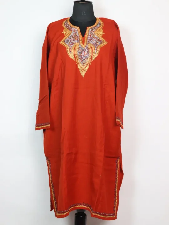 Sidra Loose Raffal Wool Rust Pheran with Hand Sozni Tilla Work