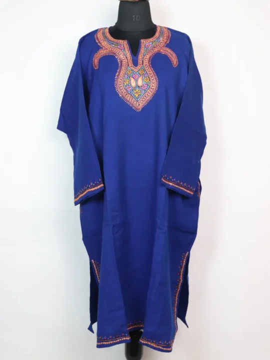 Blue Raffal Wool Loose Ruksan Pheran with Hand Sozni Tilla Work