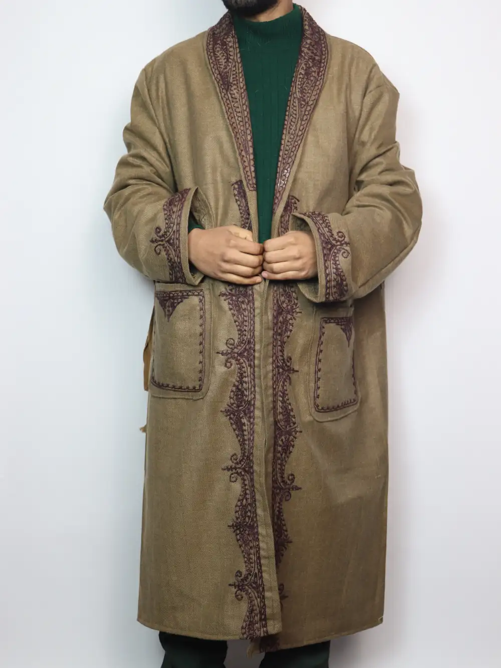 Hafiz Kashmiri Bush Brown Tweed Gown with Hand Aari Embroidery