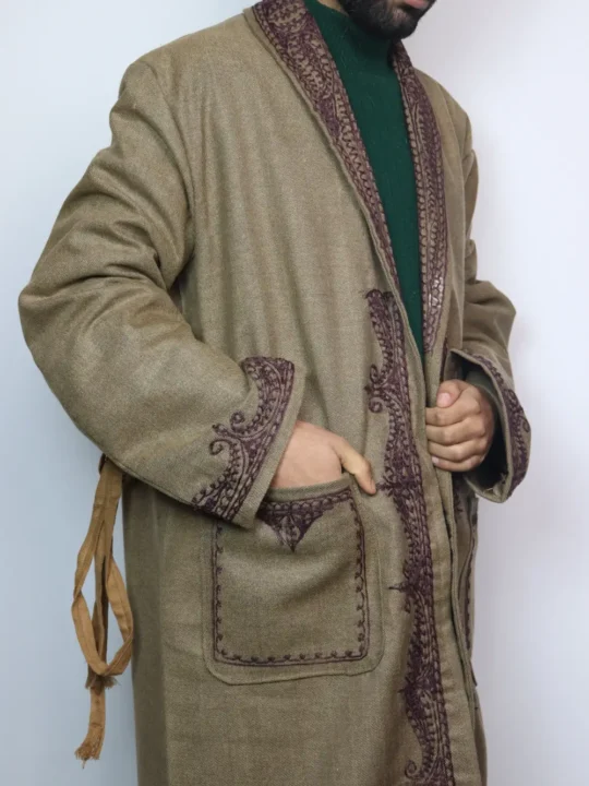 Nawazish Kashmiri Brown Tweed Gown | Choga with Hand Aari Embroidery - Image 3