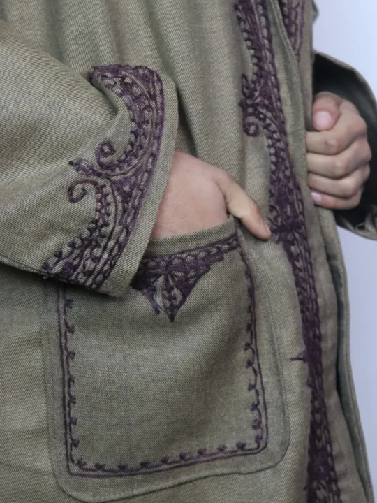 Nawazish Kashmiri Brown Tweed Gown | Choga with Hand Aari Embroidery - Image 2