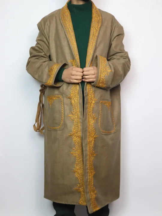 Kashmiri Brown Tweed Gown with Hand Aari Embroidery Zuhaib