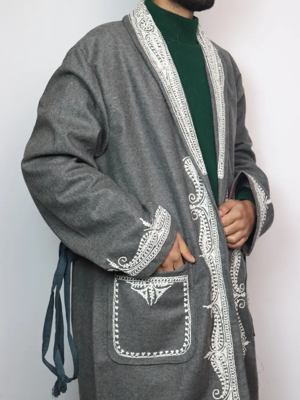 Hafiz Kashmiri Grey Tweed Gown with Hand Aari Embroidery - Image 2