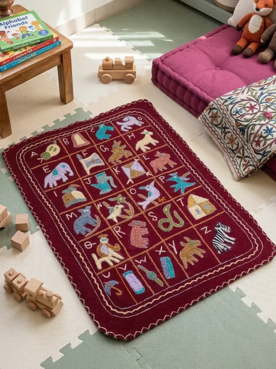 Dark Maroon Alphabet ABCD Kashmiri Hand Embroidered Pure Wool Namda | Nursery Rug