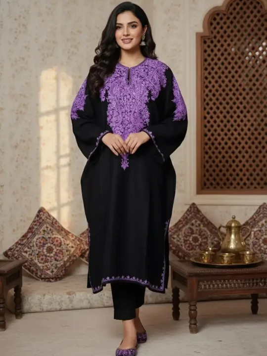 Saiyara Black Cashmilon Wool Pheran with Purple Aari Embroidery