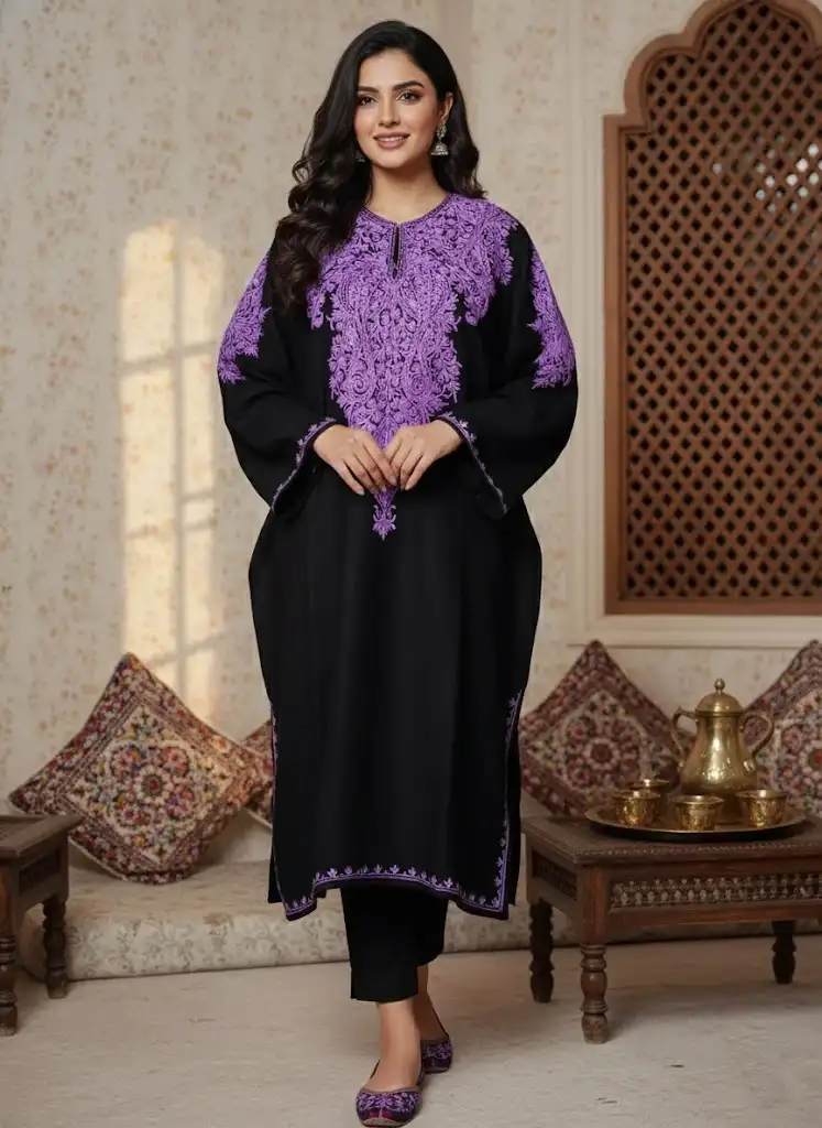 Saiyara Black Cashmilon Wool Pheran with Purple Aari Embroidery
