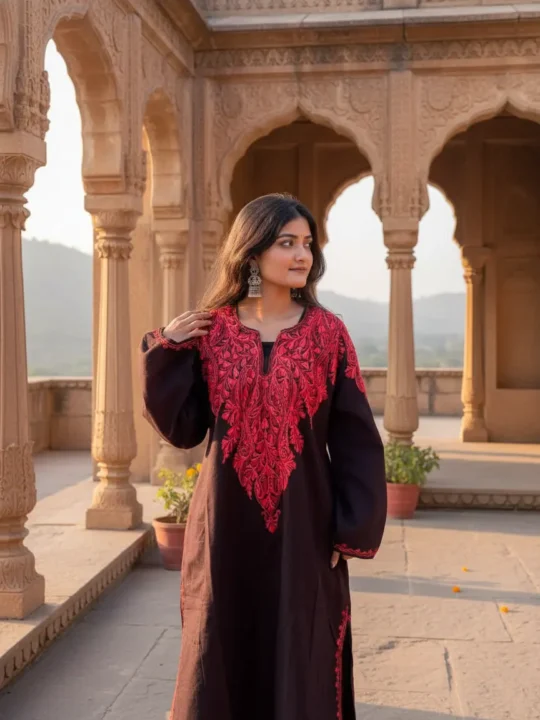 Barakah Black Pheran with Front Back Aari Embroidery in Cashmilon Wool