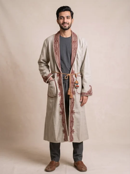 Kashmiri White Tweed Gown | Bathrobe with Hand Aari Embroidery