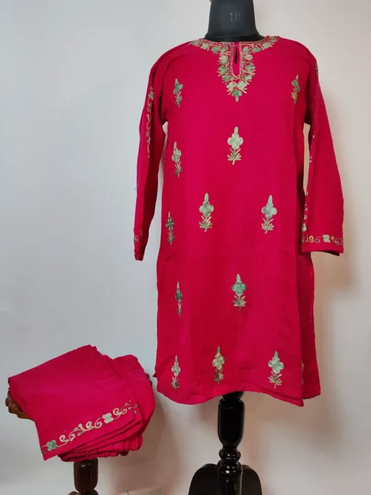 Nazakat 2pc Hot Pink Kurti Set with Aari Work in Cashmilon Wool