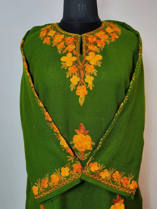 Green 2pc Hot Pink Kurti Set with Aari Work in Cashmilon Wool Shokhi