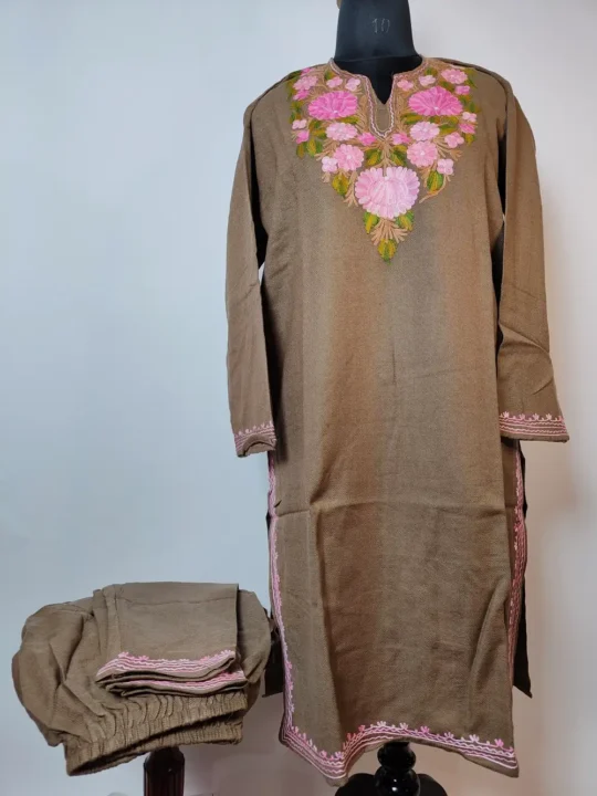 Brown 2pc Woolen Kurti Set with Aari Work in Cashmilon Mehak