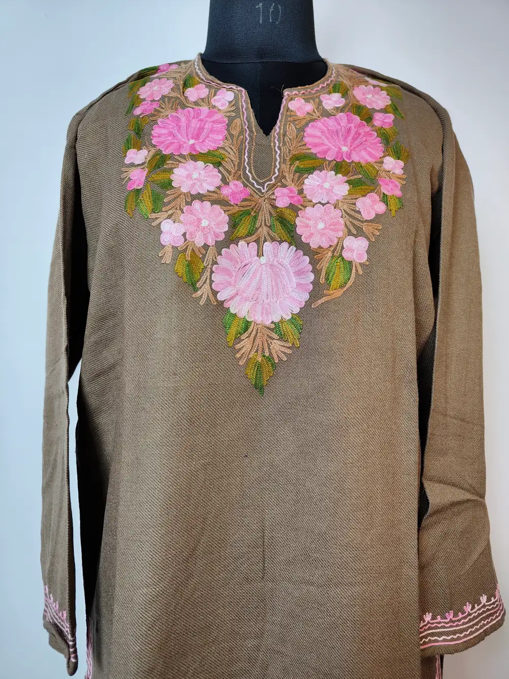 Beige 2pc Woolen Kurti Set with Aari Work in Cashmilon Mehak - Image 2