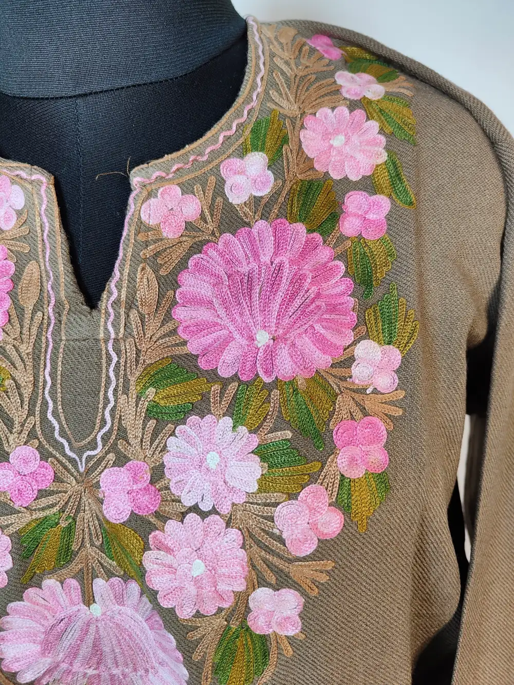 Beige 2pc Woolen Kurti Set with Aari Work in Cashmilon Mehak - Image 3