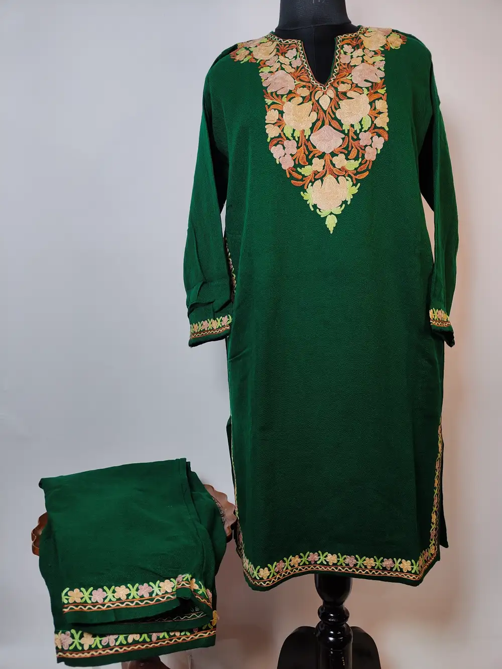 Noorani Dark Green 2pc Woolen Kurti Set with Aari Work in Cashmilon