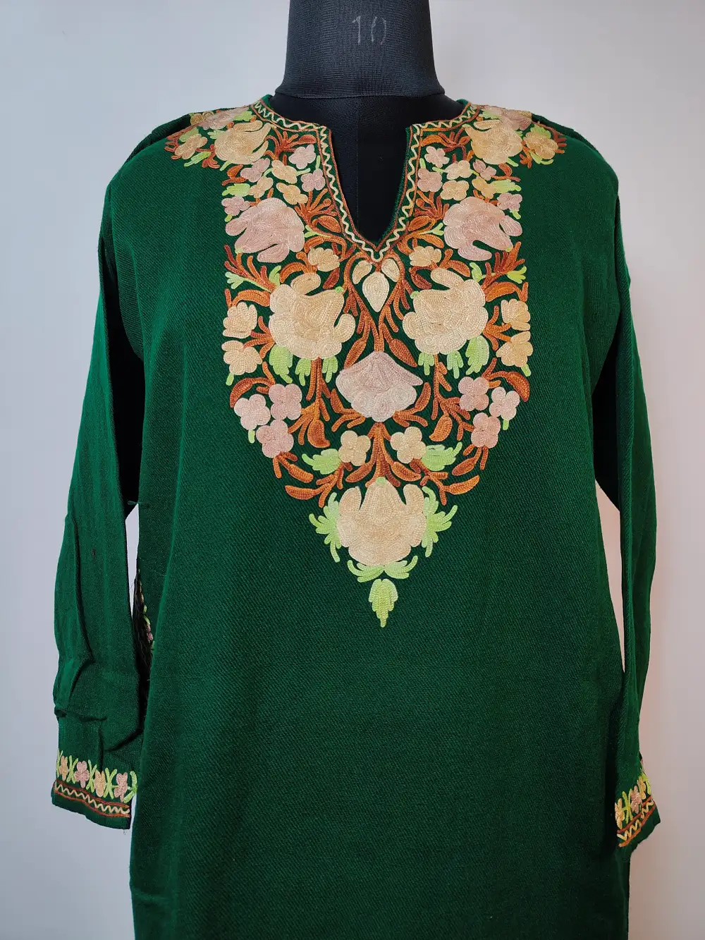 Noorani Dark Green 2pc Woolen Kurti Set with Aari Work in Cashmilon - Image 2