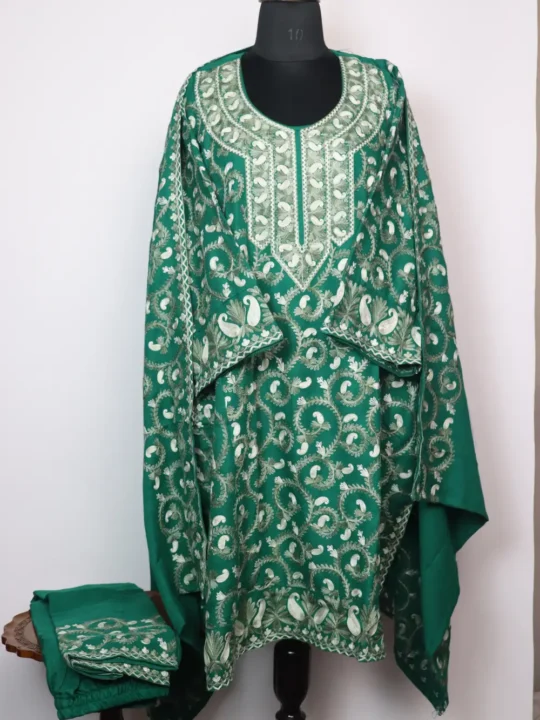 Green 3pc Pheran Set in Cashmilon Wool with Badam All-over Aari Work Nazneen